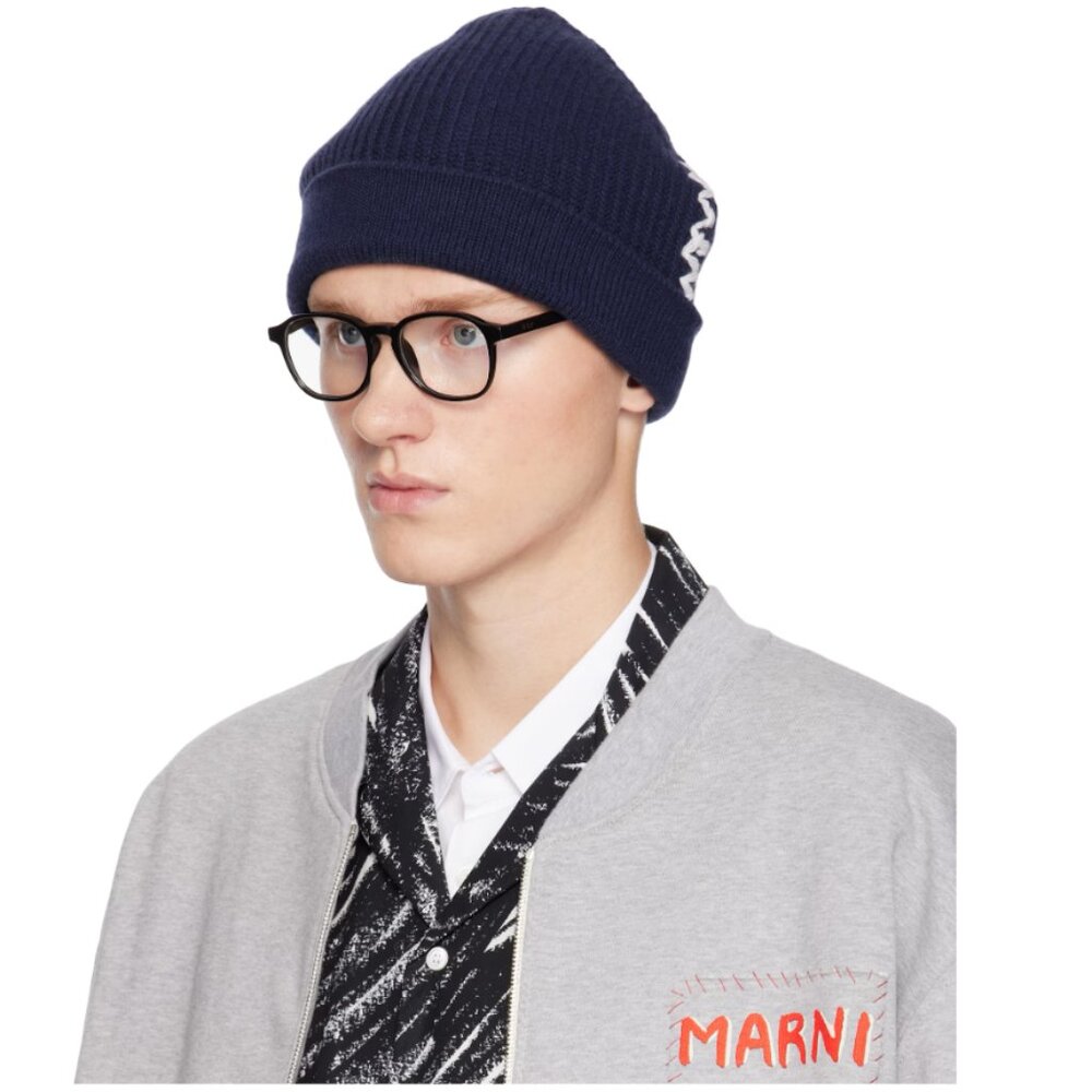 BNWT AW24 MARNI EMBROIDERY CUFF BEANIE NAVY S & M